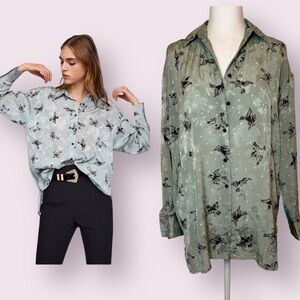 Zara Bird Print Button Up Blouse Top Sage Green & Black Size Small